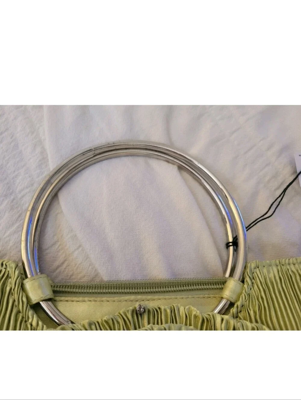 Y2k Retro Satin Purse Clutch Sage Rhinestone Pleated Handbag Silver Hoop Handle